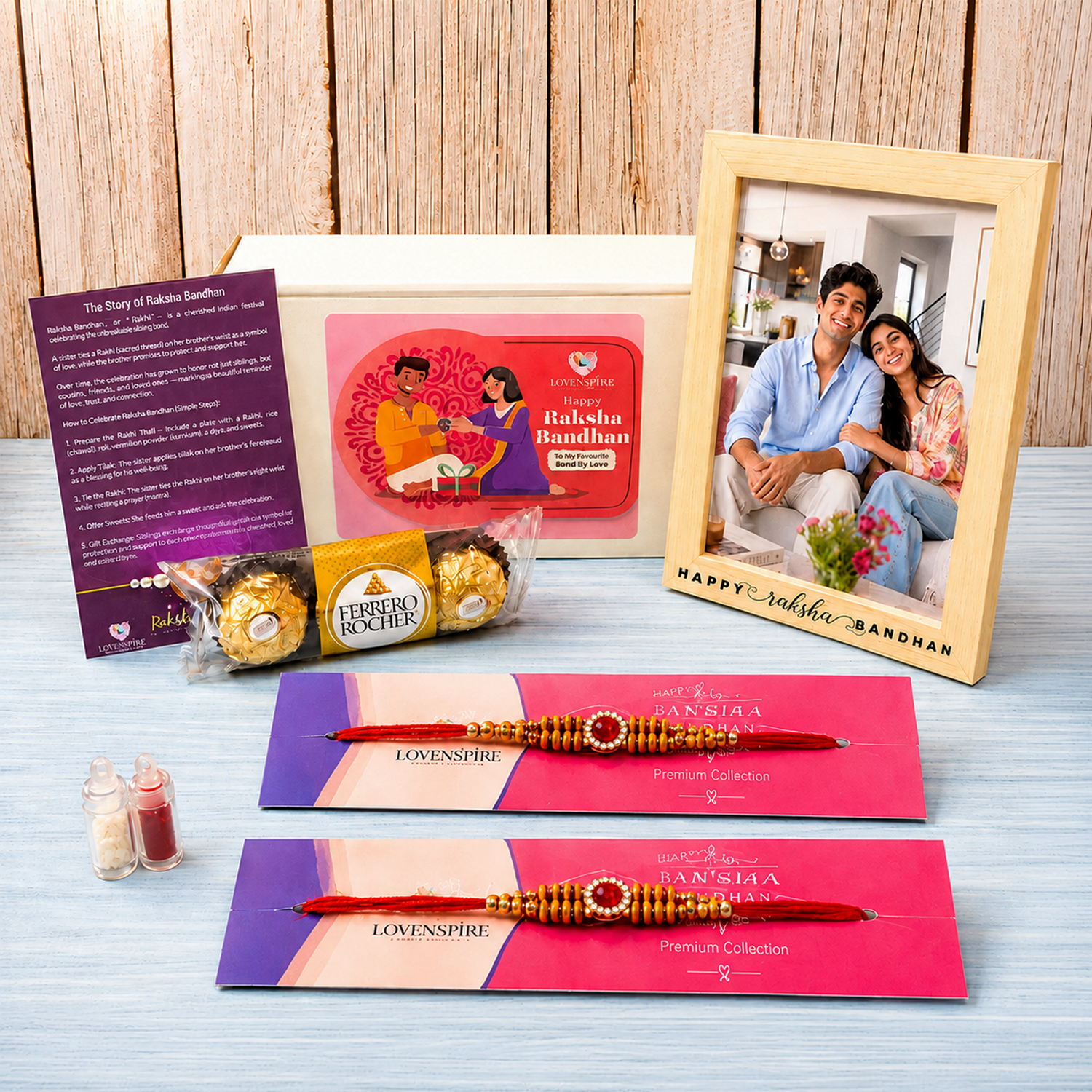 Designer Rakhi Gift Hamper for Brother & Bhabhi – Adjustable Rakhi Bracelet with Customizable Photo Frame, Chocolates, Roli Chawal & Card for Raksha Bandhan