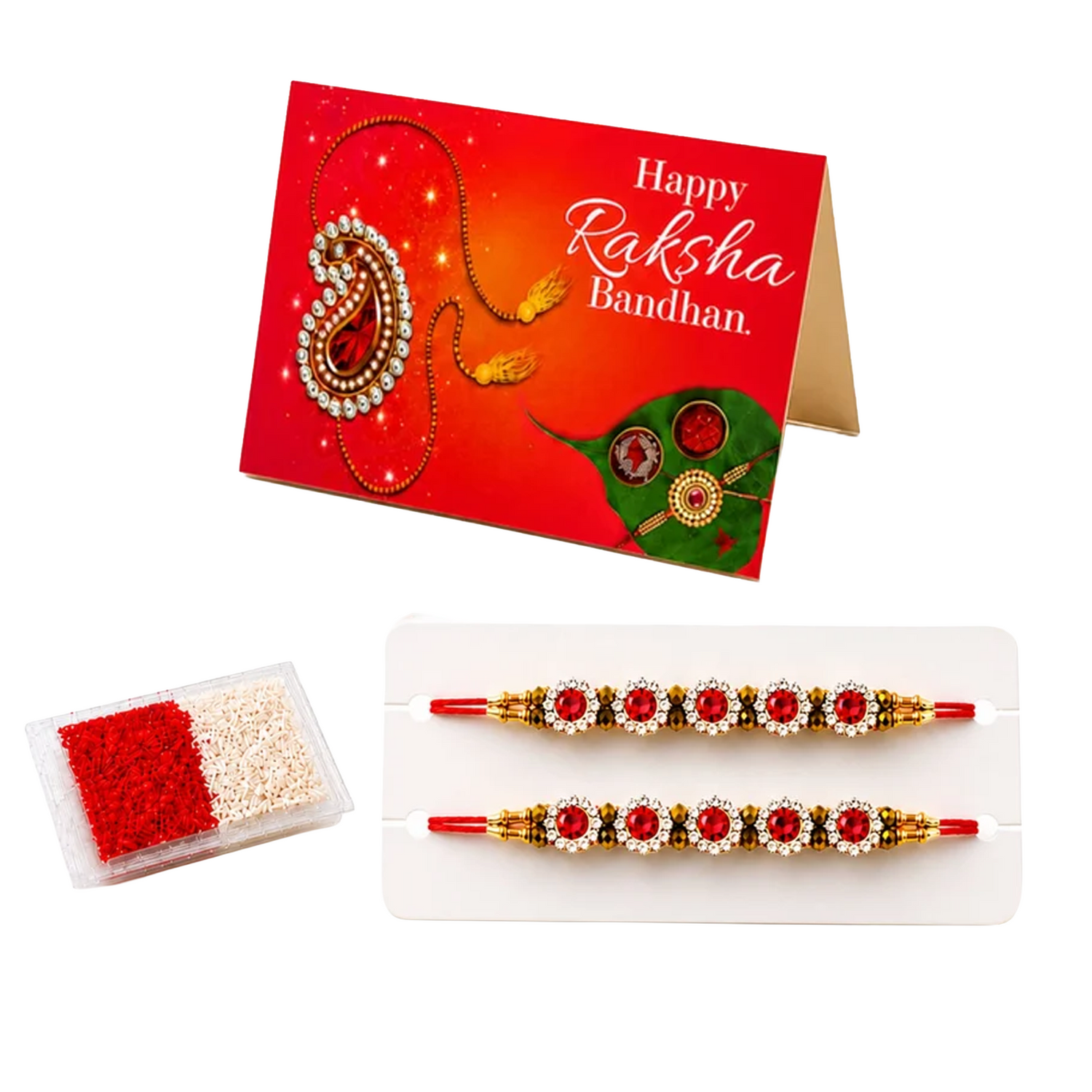 Handmade Designer Rakhi Set for Brother & Bhabhi (2 Pcs) – Adjustable Cotton Thread Bracelets with Greeting Card & Roli Chawal, Raksha Bandhan Gift for Good Luck & Protection