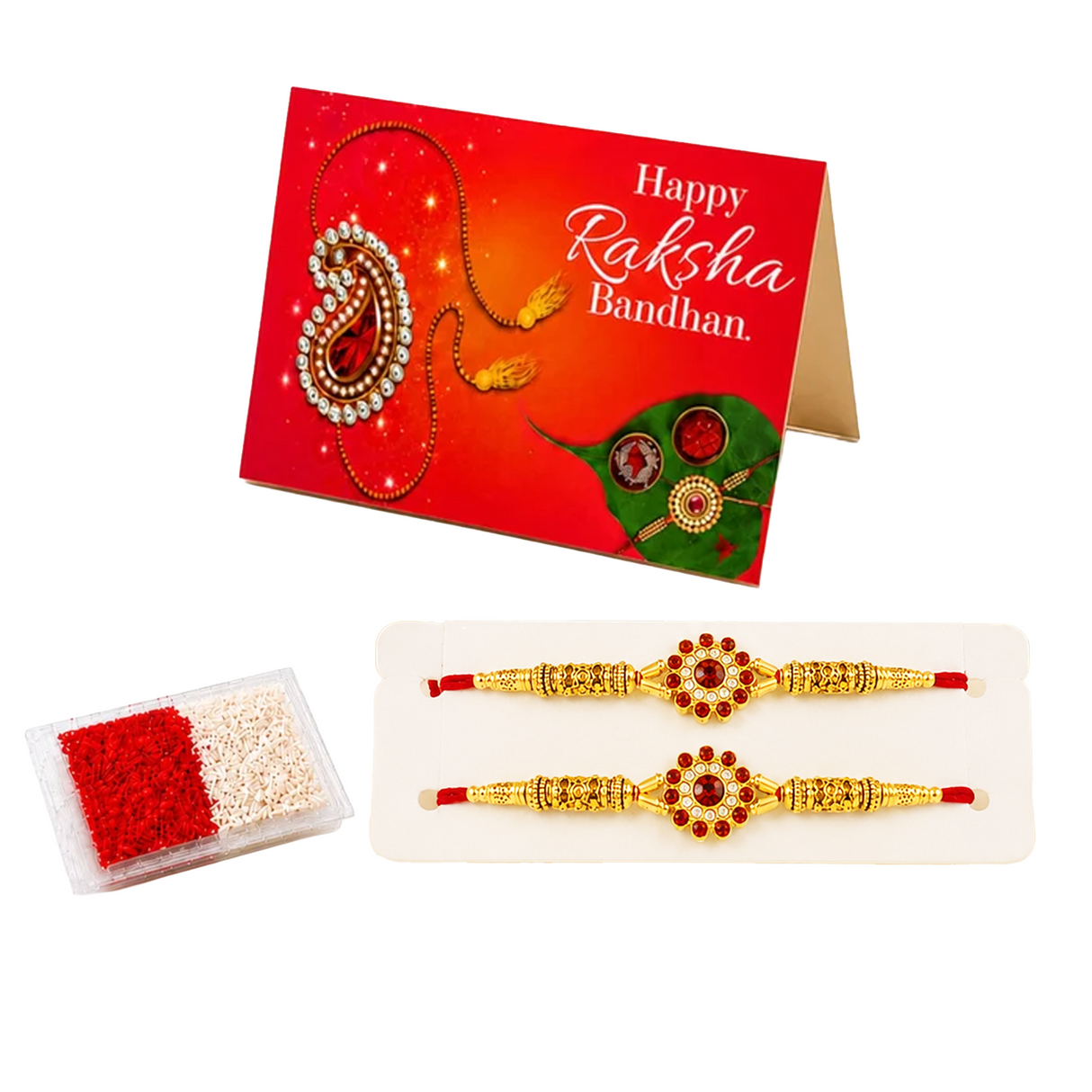Handmade Designer Rakhi Set for Brother & Bhabhi (2 Pcs) – Adjustable Cotton Thread Bracelets with Greeting Card & Roli Chawal, Raksha Bandhan Gift for Good Luck & Protection