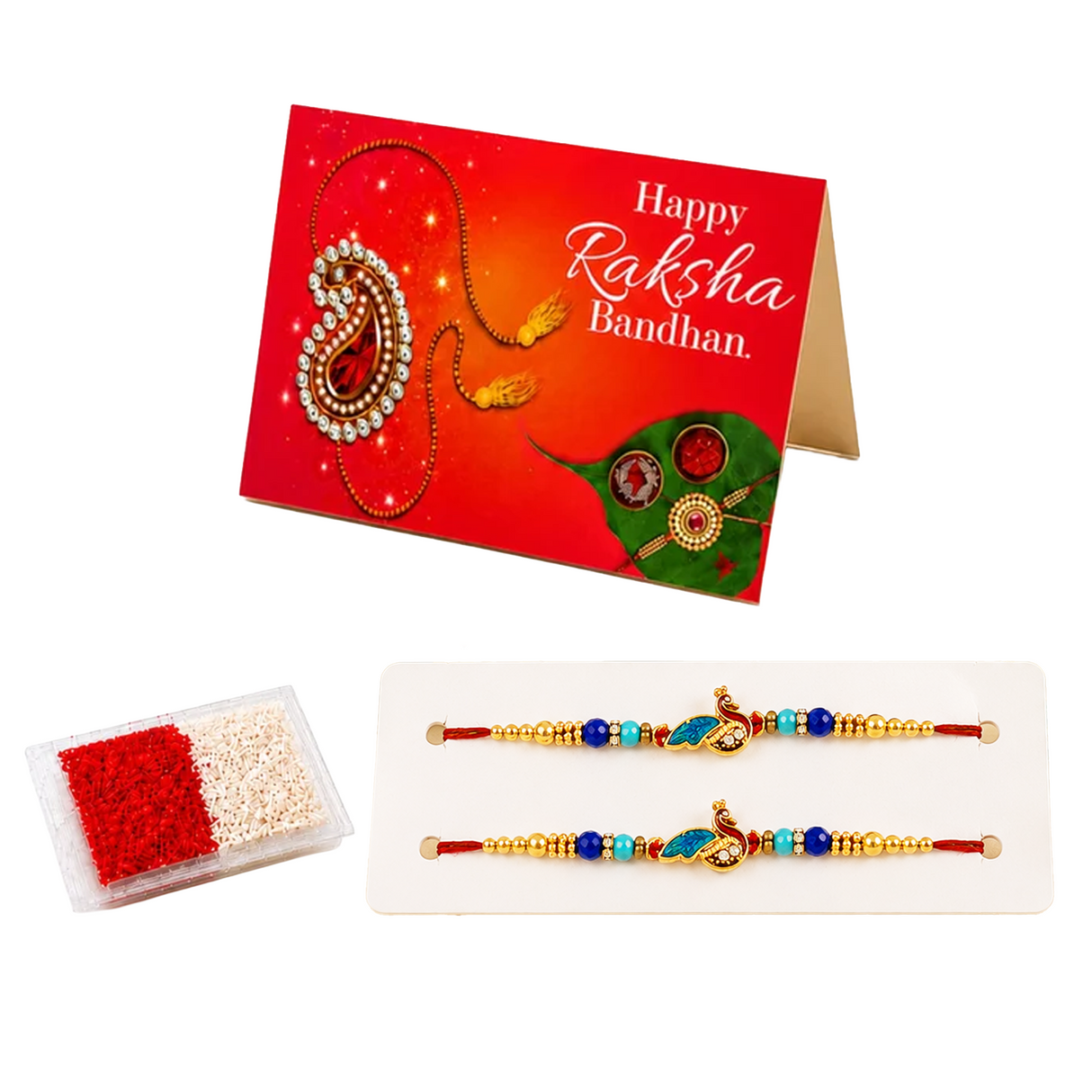 Handmade Designer Rakhi Set for Brother & Bhabhi (2 Pcs) – Adjustable Cotton Thread Bracelets with Greeting Card & Roli Chawal, Raksha Bandhan Gift for Good Luck & Protection