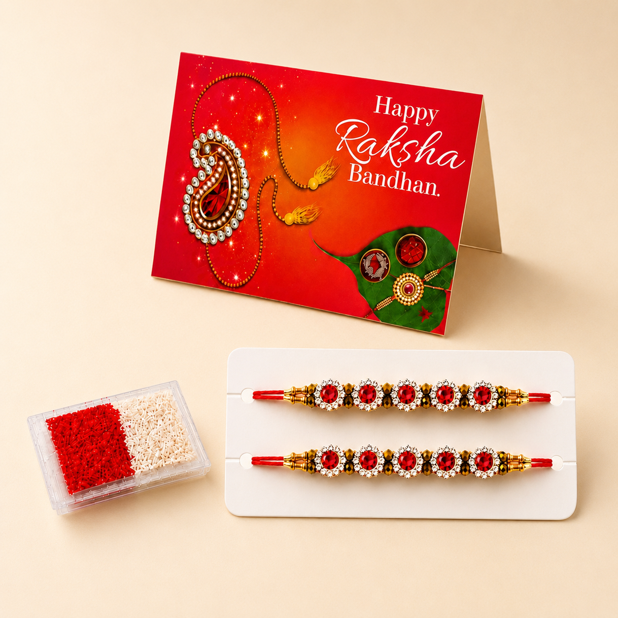Handmade Designer Rakhi Set for Brother & Bhabhi (2 Pcs) – Adjustable Cotton Thread Bracelets with Greeting Card & Roli Chawal, Raksha Bandhan Gift for Good Luck & Protection