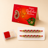 Handmade Designer Rakhi Set for Brother & Bhabhi (2 Pcs) – Adjustable Cotton Thread Bracelets with Greeting Card & Roli Chawal, Raksha Bandhan Gift for Good Luck & Protection