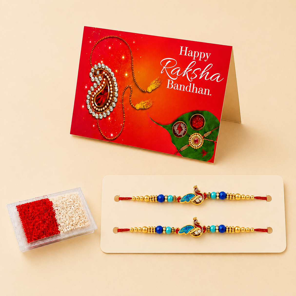 Handmade Designer Rakhi Set for Brother & Bhabhi (2 Pcs) – Adjustable Cotton Thread Bracelets with Greeting Card & Roli Chawal, Raksha Bandhan Gift for Good Luck & Protection