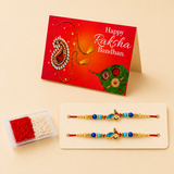 Handmade Designer Rakhi Set for Brother & Bhabhi (2 Pcs) – Adjustable Cotton Thread Bracelets with Greeting Card & Roli Chawal, Raksha Bandhan Gift for Good Luck & Protection