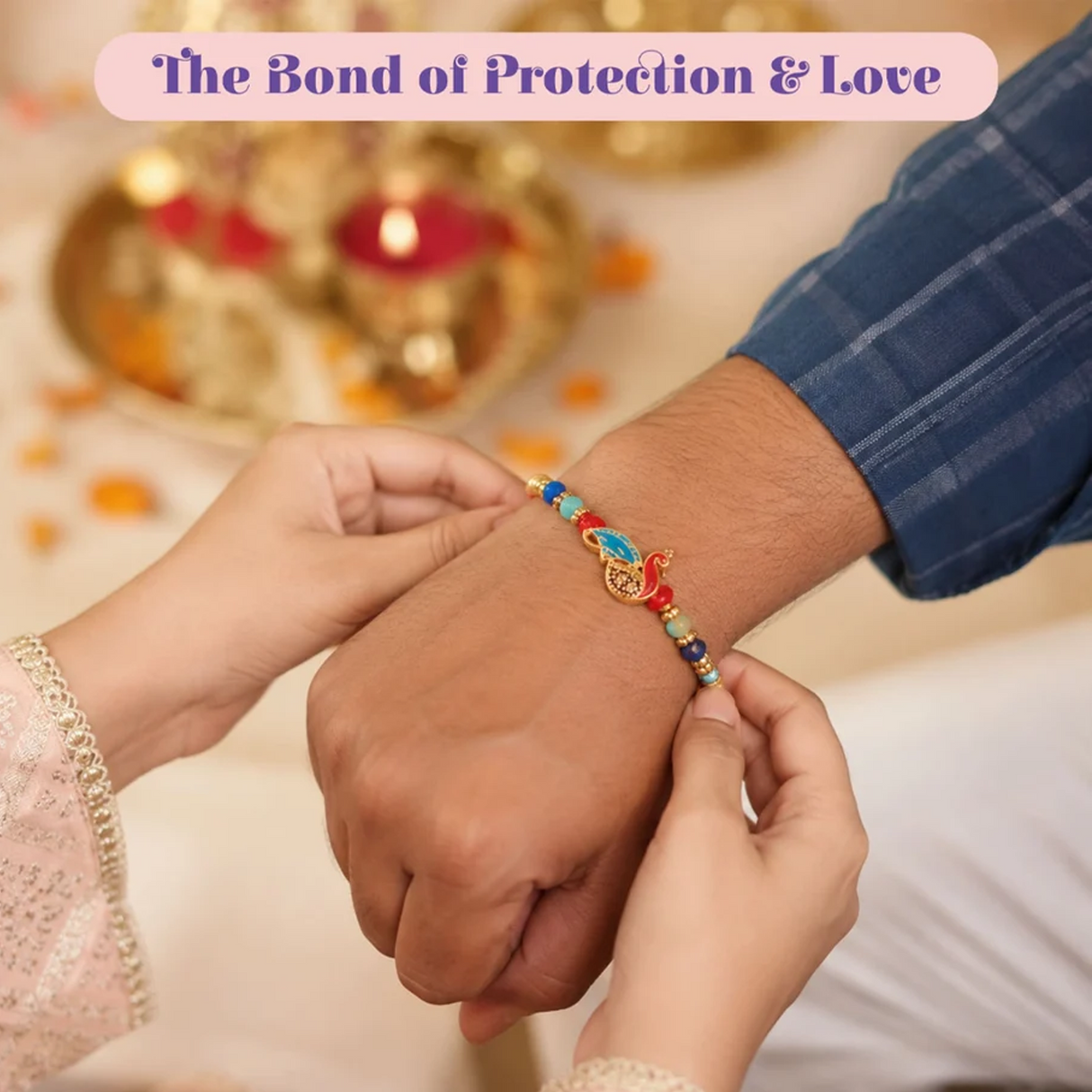 Handmade Designer Rakhi Set for Brother & Bhabhi (2 Pcs) – Adjustable Cotton Thread Bracelets with Greeting Card & Roli Chawal, Raksha Bandhan Gift for Good Luck & Protection