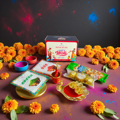 Holi Gift Box - 2 Natural Gulal Packets (Assorted Colors), Premium Hazelnut Chocolates, Whole Almonds, Peacock Color Plate & Mini Pichkari Balti Showpiece - Festive Hamper