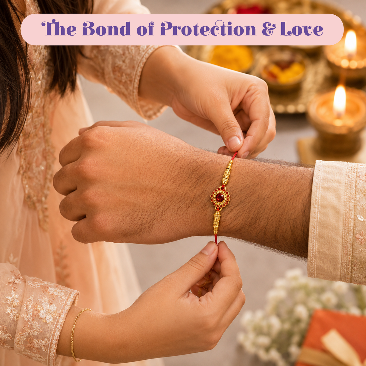 Handmade Designer Rakhi Set for Brother & Bhabhi (2 Pcs) – Adjustable Cotton Thread Bracelets with Greeting Card & Roli Chawal, Raksha Bandhan Gift for Good Luck & Protection