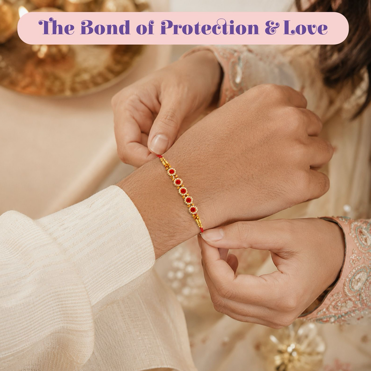Handmade Designer Rakhi Set for Brother & Bhabhi (2 Pcs) – Adjustable Cotton Thread Bracelets with Greeting Card & Roli Chawal, Raksha Bandhan Gift for Good Luck & Protection