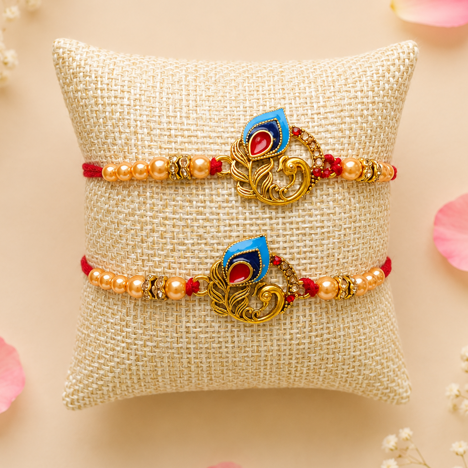 Handmade Designer Rakhi Set for Brother & Bhabhi (2 Pcs) – Adjustable Cotton Thread Bracelets with Greeting Card & Roli Chawal, Raksha Bandhan Gift for Good Luck & Protection