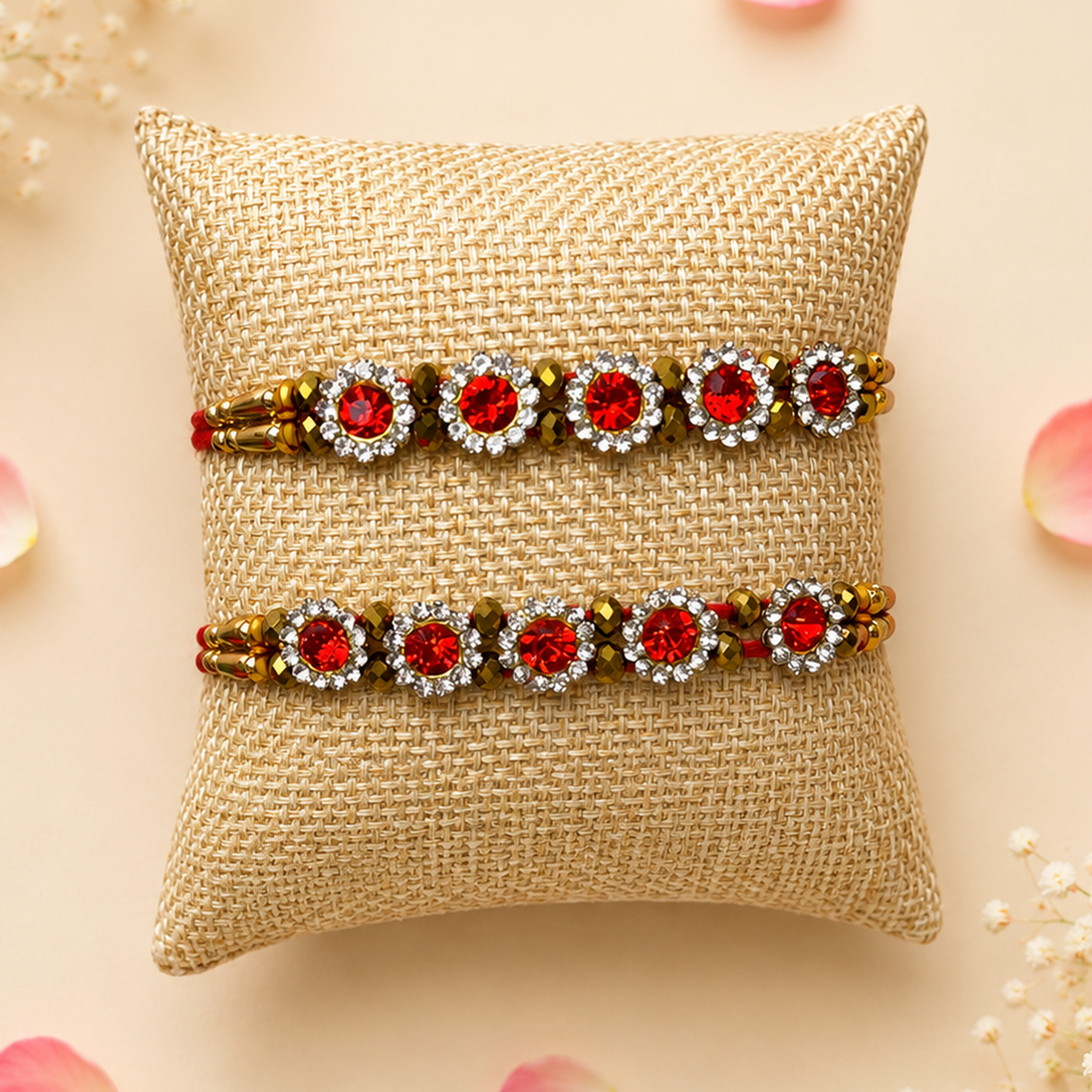 Handmade Designer Rakhi Set for Brother & Bhabhi (2 Pcs) – Adjustable Cotton Thread Bracelets with Greeting Card & Roli Chawal, Raksha Bandhan Gift for Good Luck & Protection