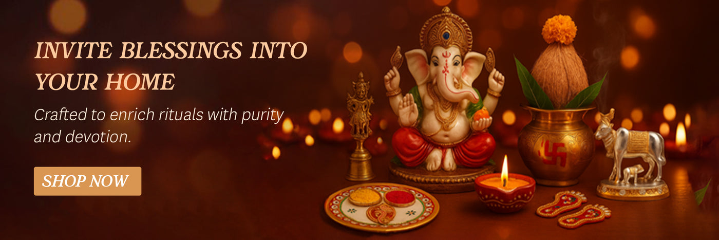 Decorative setup with Lord Ganesha idol, candles, and other items on a dark background with text inviting blessings into one's home.