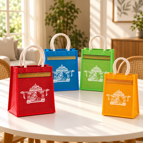Printed Jute Burlap Tote Gift Bags – Ideal for Wedding, Pooja, Diwali, Housewarming Favors, & Traditional Indian Return Gifts