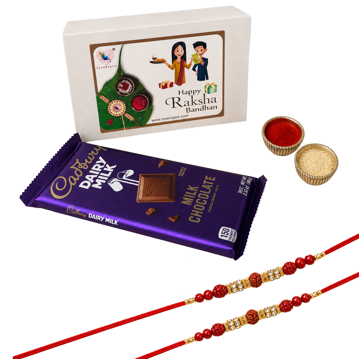 Rakhi Gift Hamper for Brother & Bhabhi – Includes 2 Designer Handmade Raksha Bandhan Bracelets, Chocolates, & Roli Chawal