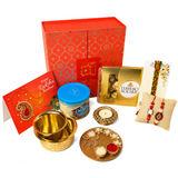 Raksha Bandhan Gift Hamper Set for Brother & Bhabhi - 5 Traditional Rakhi Set with Greeting Card, Chocolates, Scented Candle, Haldi Kumkum Holder, Coffee Mug & Roli Chawal