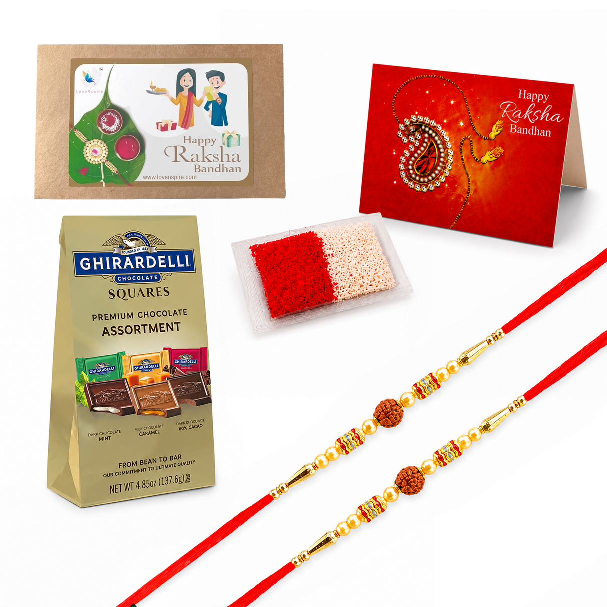Raksha Bandhan Gift Hamper for Brother and Bhabhi - Traditional Handmade Rudraksha Bead Rakhi Bracelet with Greeting Card & Roli Chawal