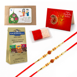 Raksha Bandhan Gift Hamper for Brother and Bhabhi - Traditional Handmade Rudraksha Bead Rakhi Bracelet with Greeting Card & Roli Chawal