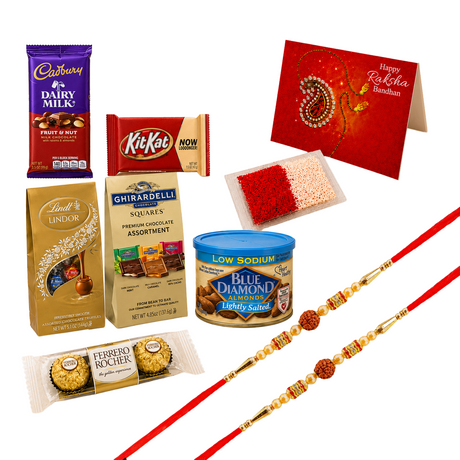 Raksha Bandhan Gift Hamper for Brother and Bhabhi - Traditional Handmade Rudraksha Bead Rakhi Bracelet with Greeting Card & Roli Chawal
