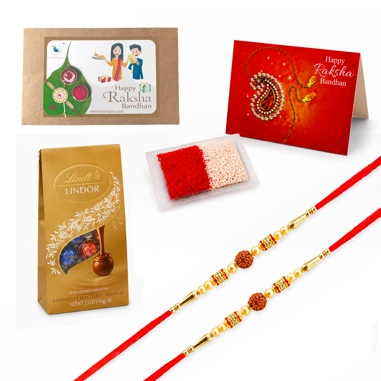 Raksha Bandhan Gift Hamper for Brother and Bhabhi - Traditional Handmade Rudraksha Bead Rakhi Bracelet with Greeting Card & Roli Chawal