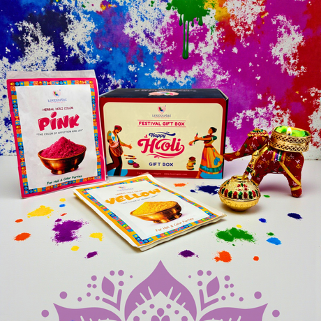 Holi Gift Box - 2 Natural Gulal Packets (Assorted Colors), Decorative Mini Dahi Handi (Makhan Matki) & Elephant Candle Holder - Festive Hamper