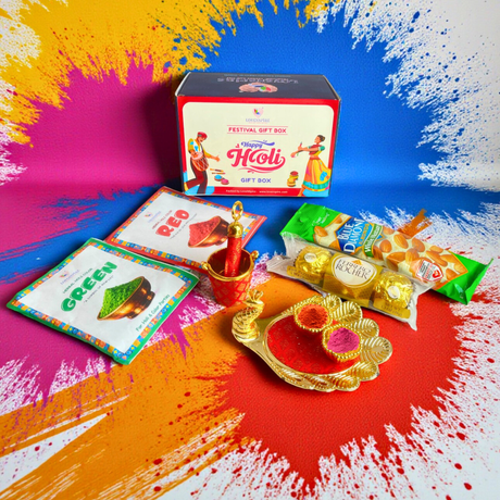 Holi Gift Box - 2 Natural Gulal Packets (Assorted Colors), Premium Hazelnut Chocolates, Whole Almonds, Peacock Color Plate & Mini Pichkari Balti Showpiece - Festive Hamper