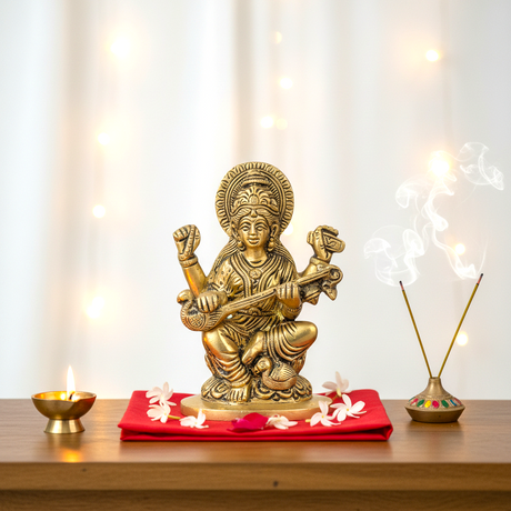 Brass Saraswati Statue Hindu Goddess of Knowledge Religious Beautiful Sitting on Lotus Saraswati Idol Sculpture for Basant Panchmi Home Temple Mandir Decor - Teacher’s Day Gift
