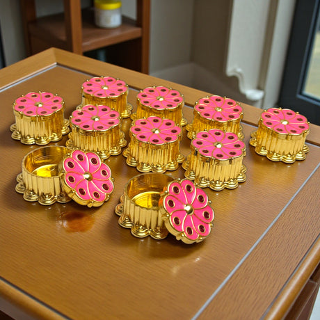 Pink Haldi Kumkum Holder Traditional Roli Chawal/Rice Holder for Pooja - Hindu Wedding Housewarming Return Gifts Indian Temple Decor Diwali Favors Religious Puja Accessories