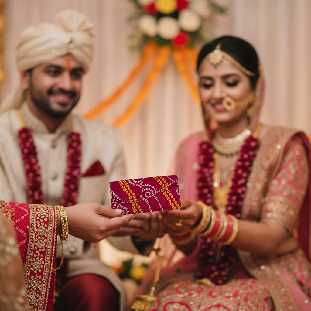 Pack of 5 Money Envelopes for Cash Decorative Bandhani Fabric Shagun Lifafa Gift Card Holder Lucky Cash Currency Holder Magnetic Tip Envelopes Wedding Diwali Gift