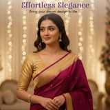 Woman in maroon gold silk saree with golden embroidery and brocade blouse fabric