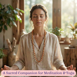 Certified 5-face Rudraksha mala necklace with orange brown beads on neck