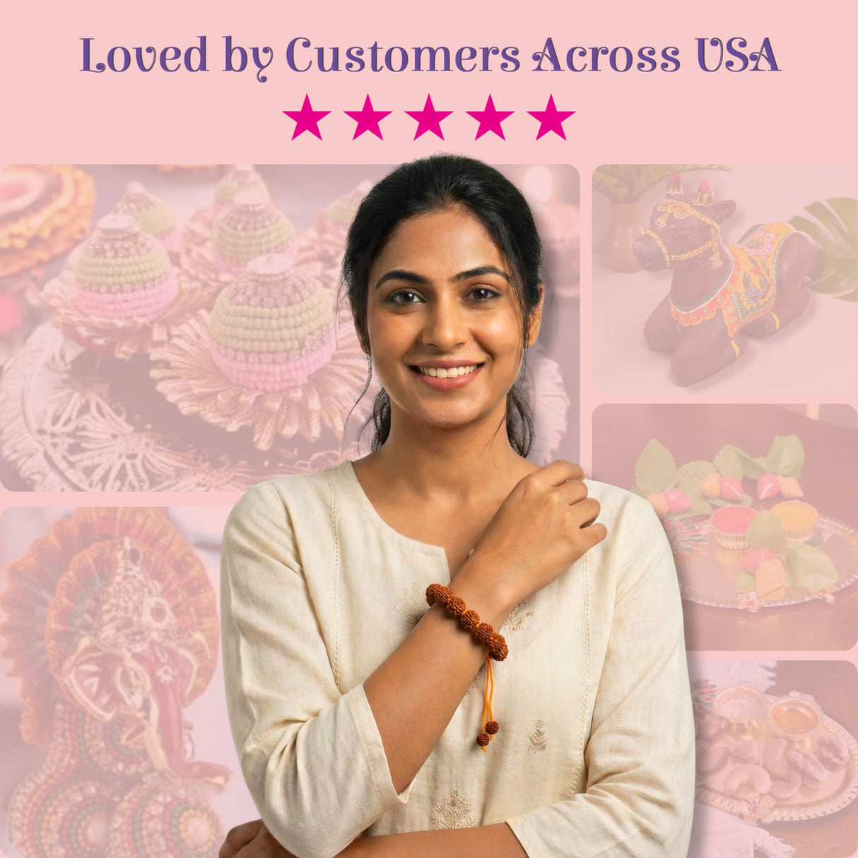 Brown beaded 5 Mukhi Rudraksha bracelet with tassel, 8.5mm beads