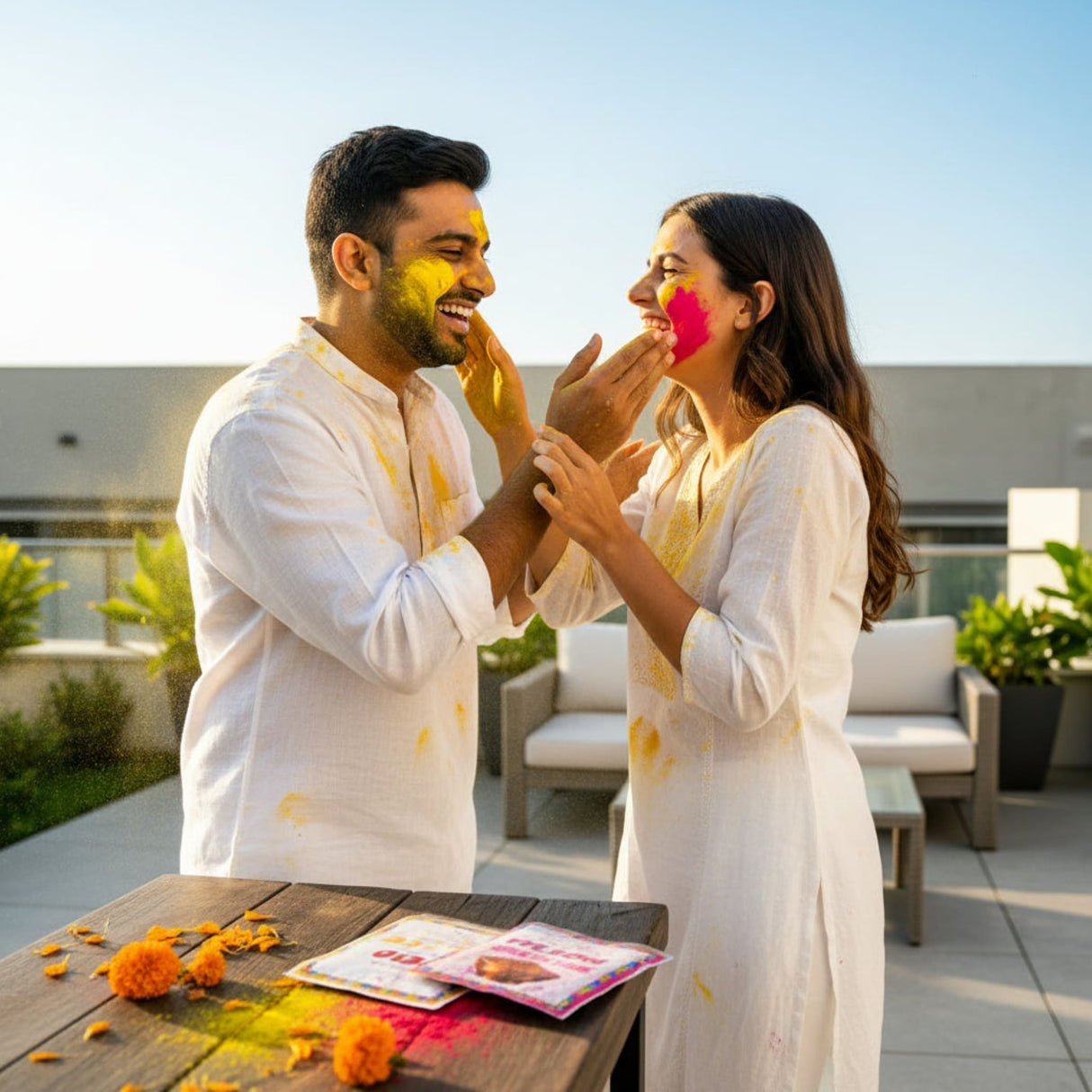 Vibrant yellow pink Holi powder packet with marigolds, 75g pack for festivals