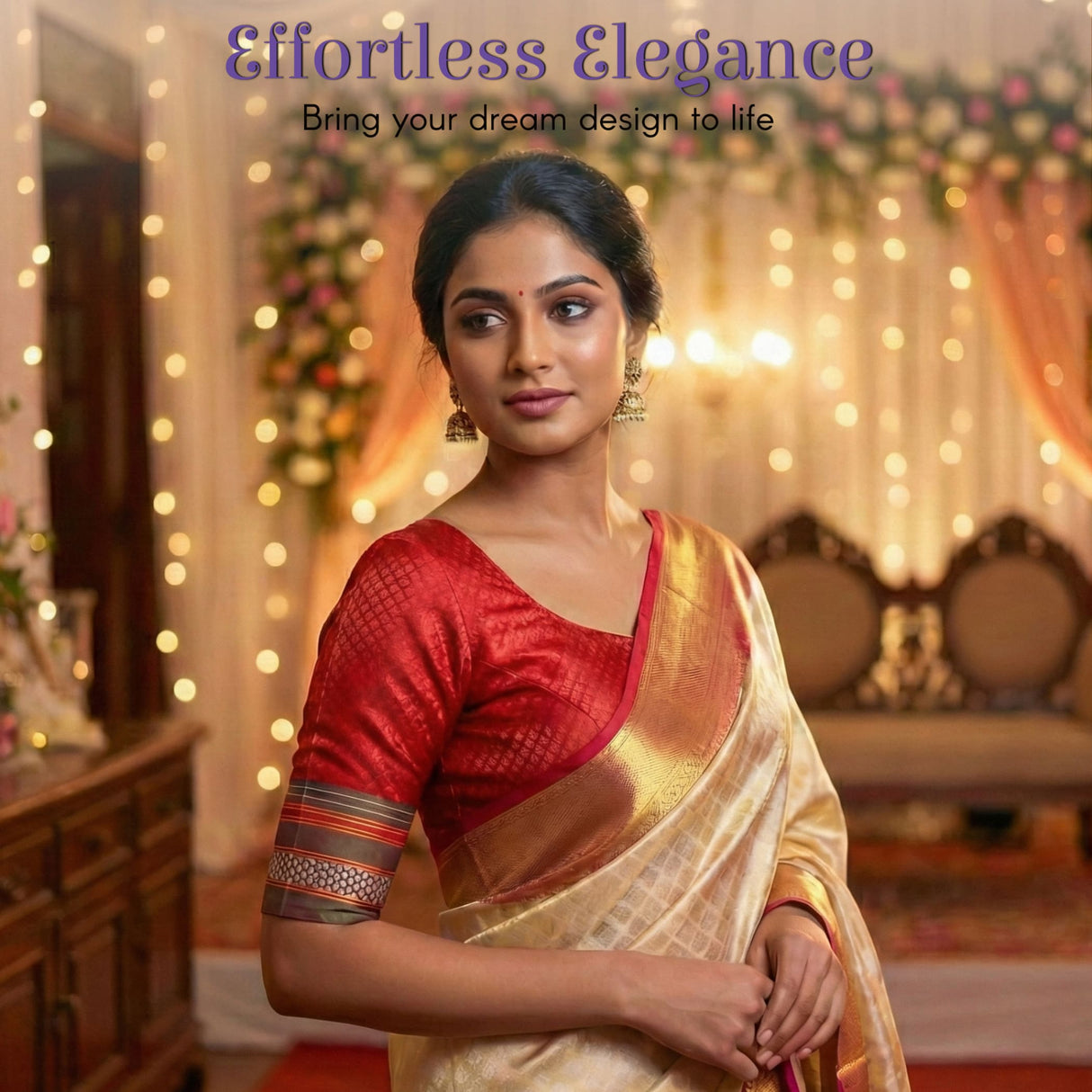 Vibrant red unstitched Khun pattern blouse with gold zari for saree