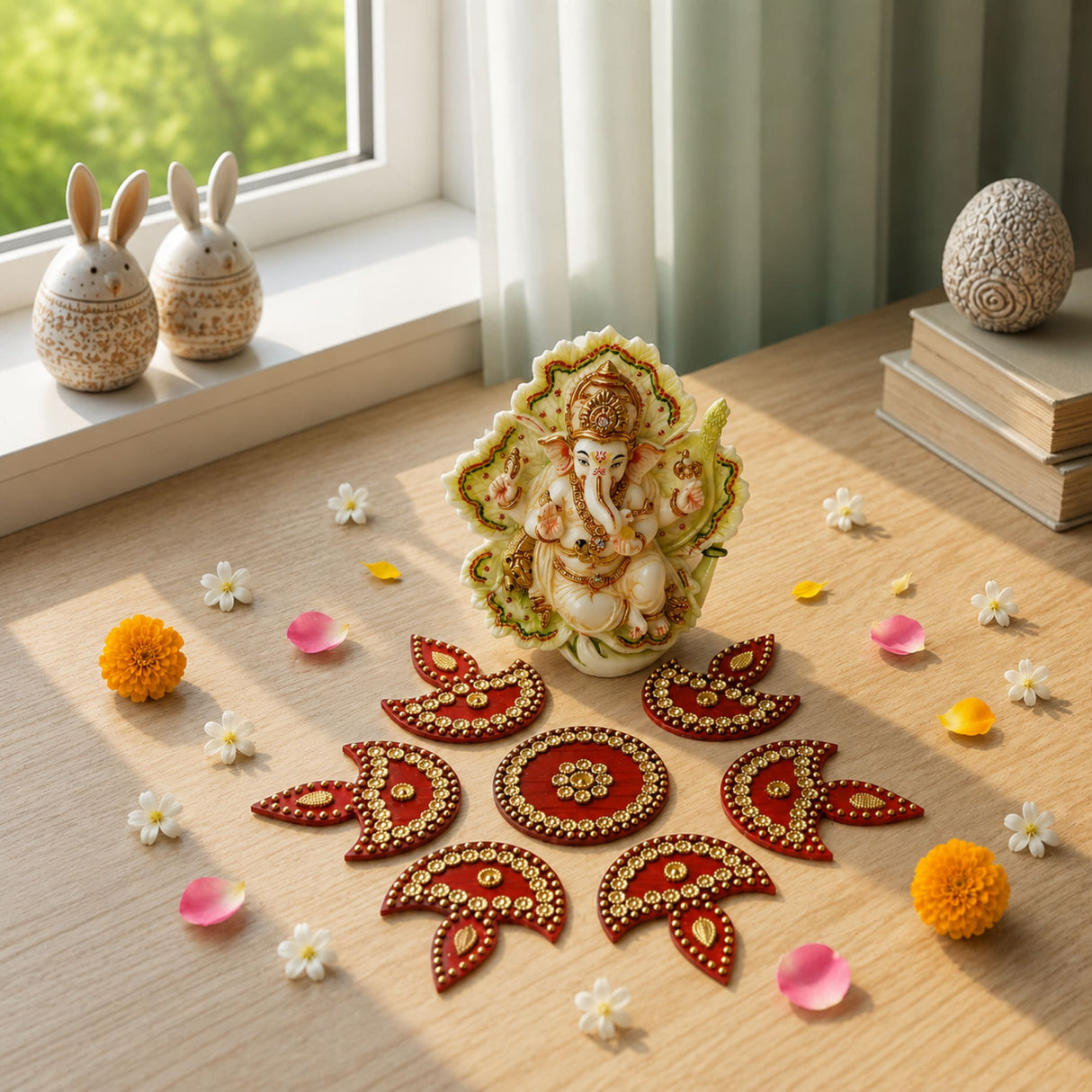 A detailed cream-colored ganesha figurine with gold accents and leafy halo alongside a 6.5 inch acrylic diya floor rangoli for diwali decor