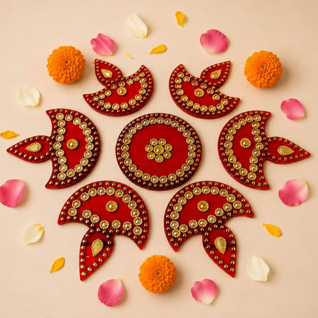 Red and gold decorative rangoli designs in symmetrical pattern acrylic diya floor rangoli for diwali and home decor