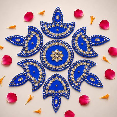 Blue acrylic diyas floor rangoli stencil set with intricate gold rhinestone embellishments for Diwali and Navratri decor