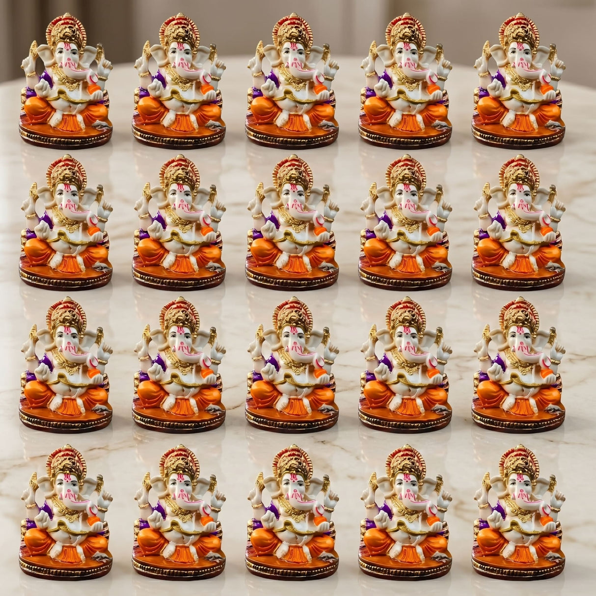 Ornate orange and white acrylic ganesha idol with gold accents for home temple car dashboard and diwali pooja decor