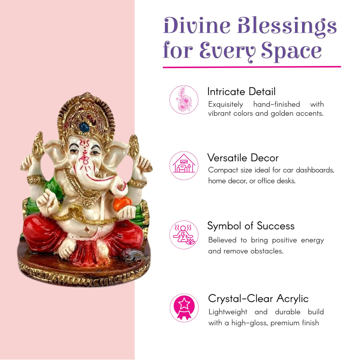 Vibrant 2.25 inch acrylic Ganesh statue with white body, red dhoti, gold accents