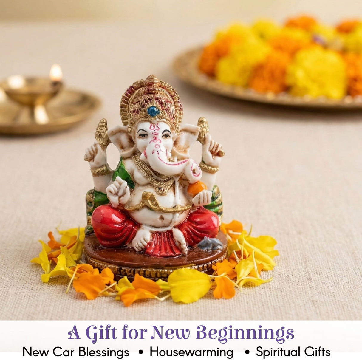 Detailed 2.25-inch white red gold acrylic Ganesh statue with blue gem
