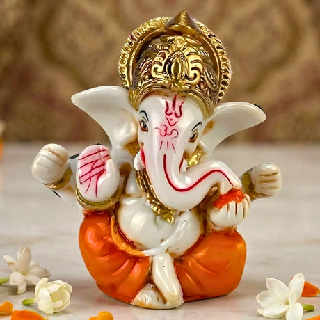 White and orange resin ganesha figurine with gold accents and red markings 1 ct acrylic car ganesha statue for home decor and pooja
