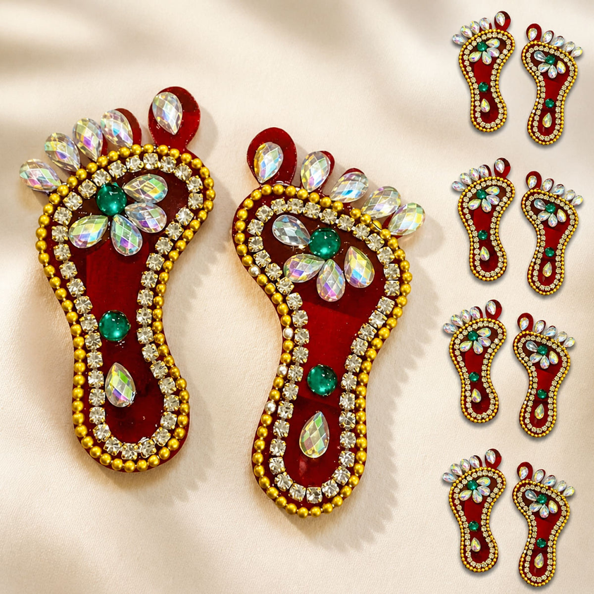 Acrylic lakshmi charan paduka feet decorative red foot-shaped stickers with gold beads and rhinestones for diwali decor