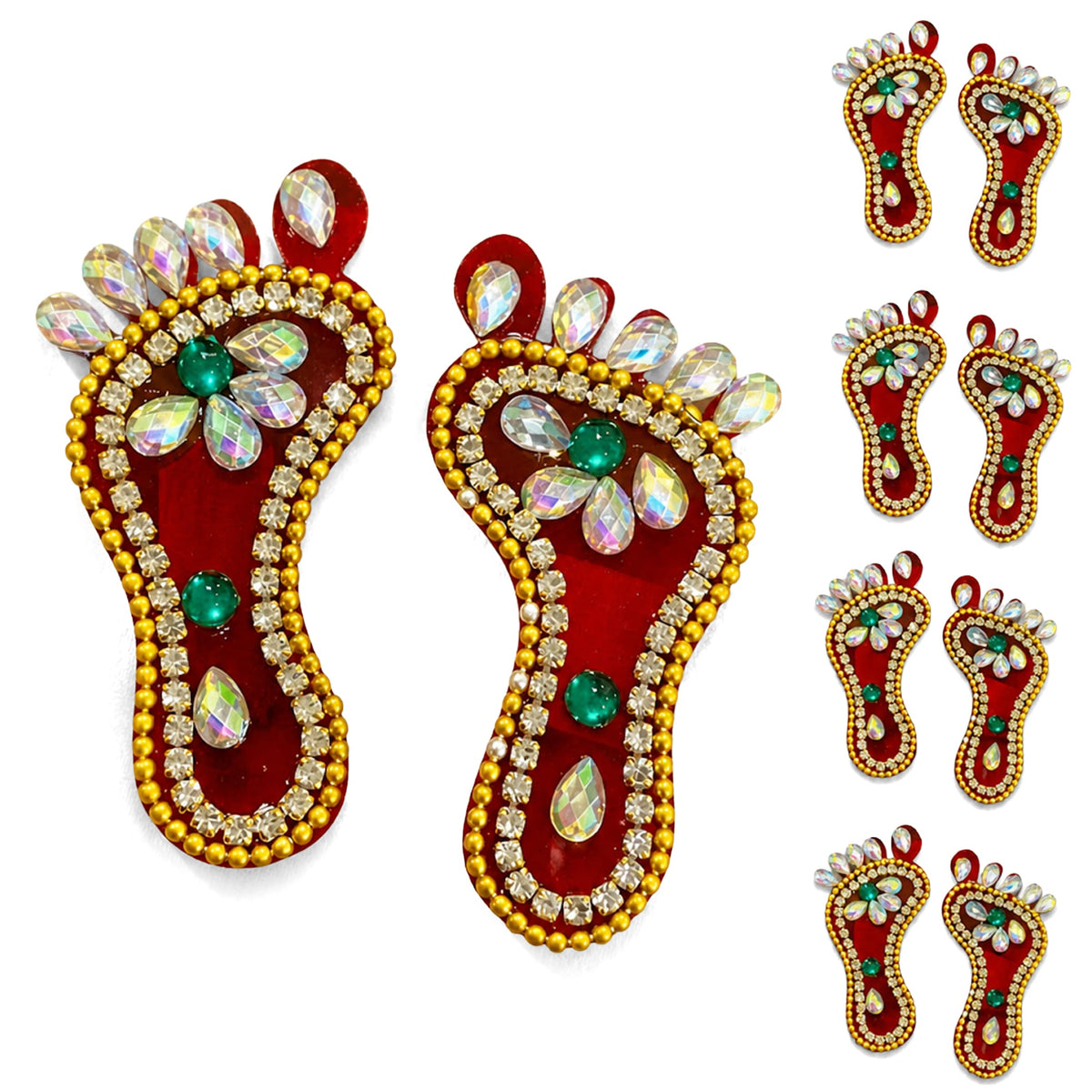 Acrylic lakshmi charan paduka feet pair in red with gold beads and green rhinestones for diwali door decoration