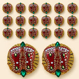 Acrylic lakshmi charan paduka feet in red and gold with silver beads green gemstones for diwali door decoration
