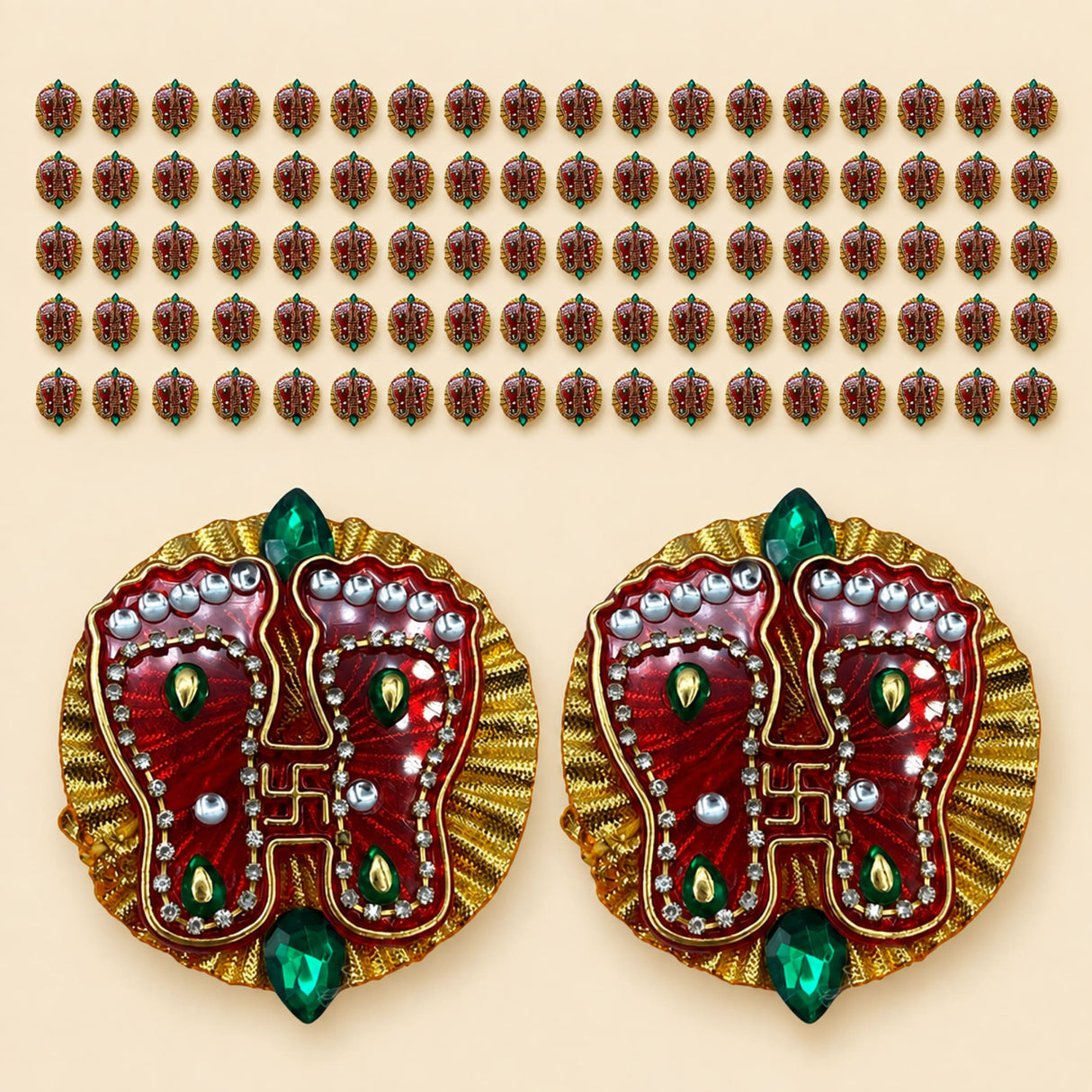Acrylic Lakshmi Charan Paduka decorative foot appliqués in red and gold with silver beads and green gemstones for Diwali decor