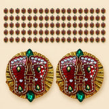 Acrylic Lakshmi Charan Paduka decorative foot appliqués in red and gold with silver beads and green gemstones for Diwali decor