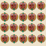 Acrylic Lakshmi Charan Paduka feet in red and gold with green gemstones and white bead accents for Diwali decoration