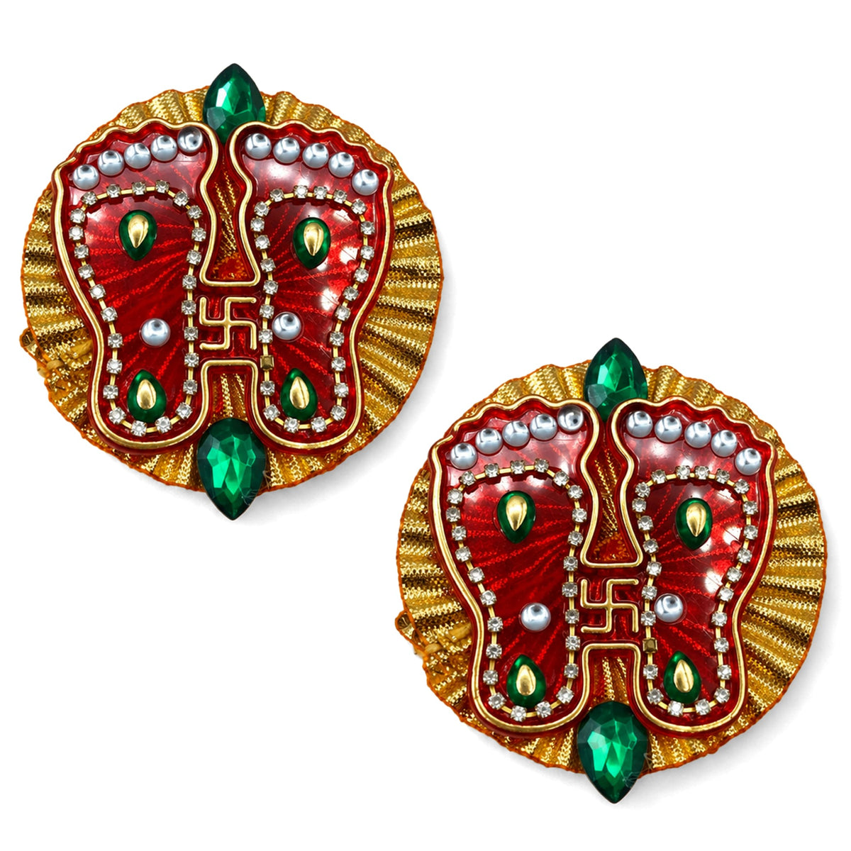 Acrylic Lakshmi Charan Paduka feet 2 pairs red and gold decorative foot-shaped ornaments with green gems silver beads and rhinestones