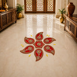 Red and gold decorative acrylic rangoli set with intricate paisley patterns and beads for Diwali and home decor