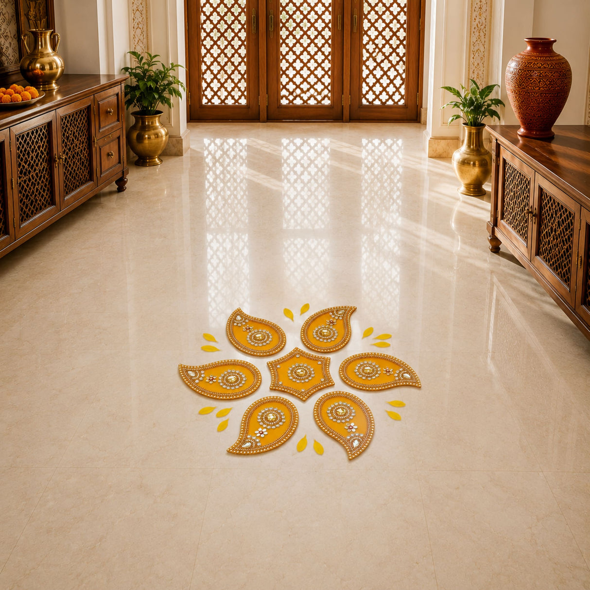 Golden acrylic rangoli set with intricate paisley and floral patterns for Indian traditional Diwali and wedding decor