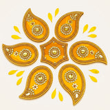 Golden acrylic ornamental rangoli set with intricate beadwork and central gemstone accents for diwali decor