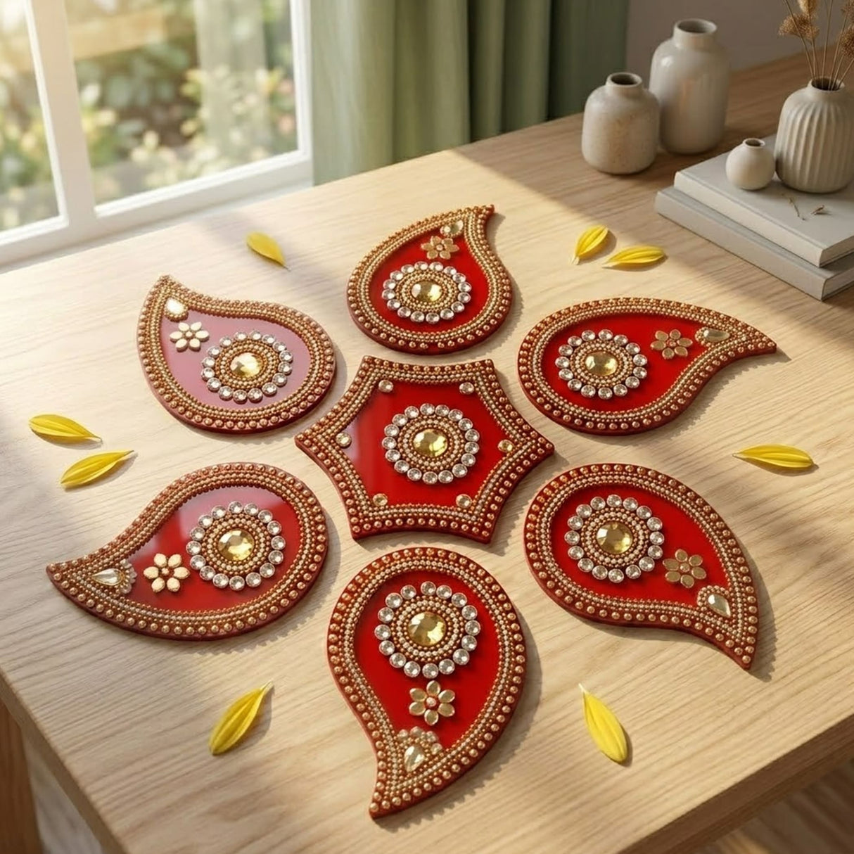 Red and gold acrylic rangoli set with intricate beadwork and gemstone accents for diwali and navratri decor